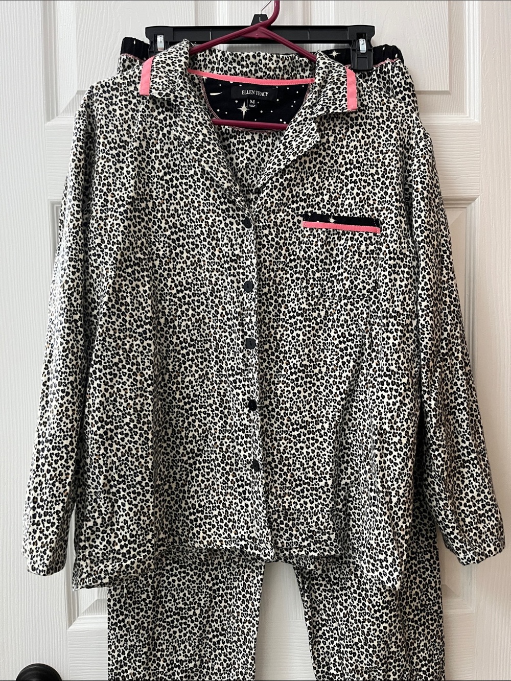Ellen Tracy Black & White Leopard Print  Pajama Set with Pink Satin Trim.